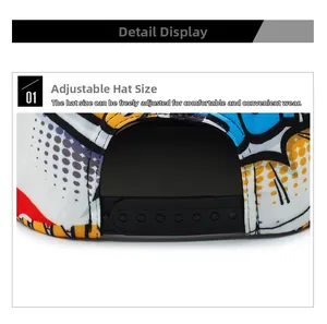 Detail view of adjustable black snapback closure on a comic graffiti style baseball cap