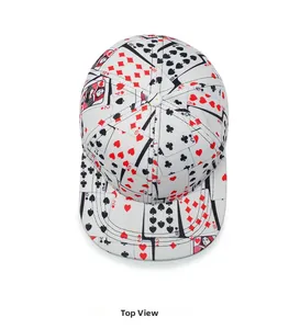 Overlooking view of hip hop flat brim cap with vintage poker card pattern prints