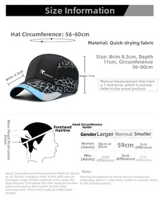 Guide des tailles pour casquette de sport à séchage rapide, visière 8,5 cm et tour de tête 56-60 cm