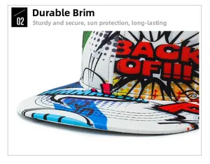 Close-up of durable flat brim baseball cap showing colorful pop art print and stitching