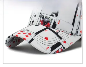 Close-up of baseball cap brim featuring printed poker cards pattern and tight stitching