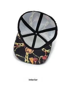 Internal view of the hip-hop flat brim cap showing reinforced black stitching and chain print