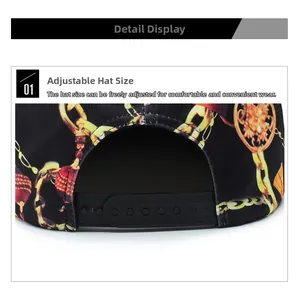 Detail view of the adjustable snapback closure on black hip-hop cap with gold chain print