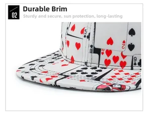 Close-up of durable reinforced stitching on the brim of a white poker pattern hip hop cap