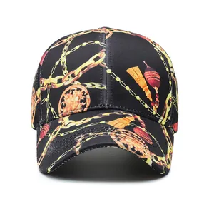 Black cotton baseball cap featuring vintage gold chain and tassel prints for street style