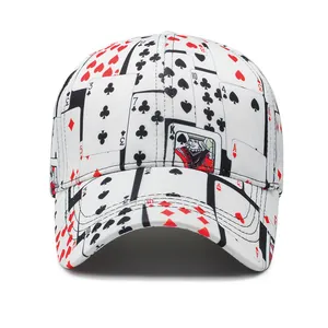 White baseball cap with stylish all-over poker card print featuring clubs and hearts