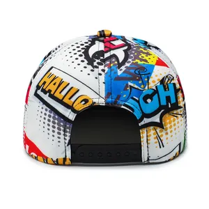 Graffiti print flat brim snapback hat with colorful pop art design and adjustable back