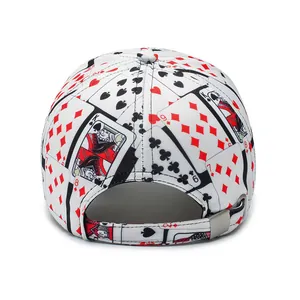 Rear view of white baseball cap with poker card print and adjustable metal buckle