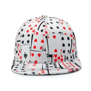 Hip hop flat brim hat featuring an all-over playing card print on white fabric