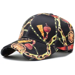 Classic black baseball cap featuring baroque gold chain and red tassel patterns