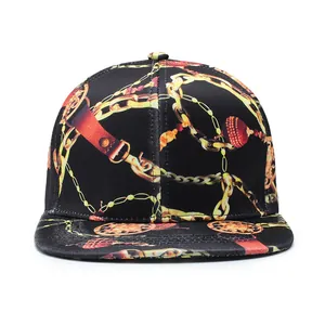 Flat brim hip hop snapback cap with luxury gold chain print and black base style