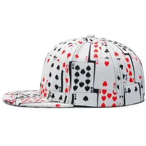 Hip hop snapback hat featuring all-over poker card prints on white twill fabric