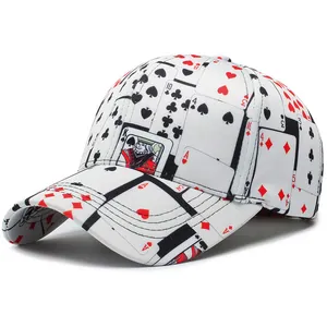 White baseball cap with stylish poker card patterns featuring spades and hearts print