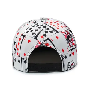 Back view of a snapback cap featuring an all-over playing card print with adjustable strap