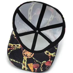 Internal view of hip hop flat brim cap with vintage chain print and mesh reinforcement