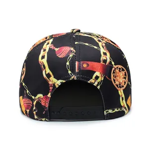 Flat brim hip hop snapback hat featuring golden chain prints and adjustable back strap