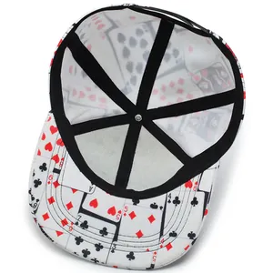Hip hop flat brim hat featuring red and black playing cards pattern on white fabric