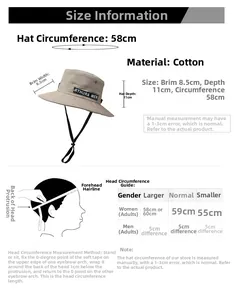 Size chart showing 58cm circumference and cotton material for outdoor bucket sun hat