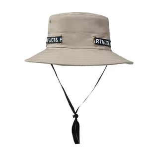 Khaki outdoor bucket hat with adjustable windproof cord and printed strap design