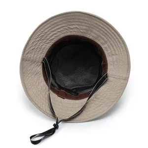 Breathable khaki bucket hat with adjustable windproof drawstring and mesh lining