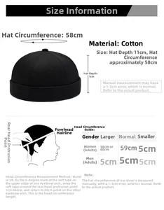 Detailed size chart for cotton brimless dockers cap with measurement guide instructions