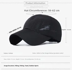 Size chart showing baseball cap dimensions with 7.5cm brim and 55-62cm cotton crown