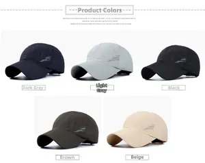 Detail of five quick-dry mesh baseball caps in grey, black, brown and beige colors