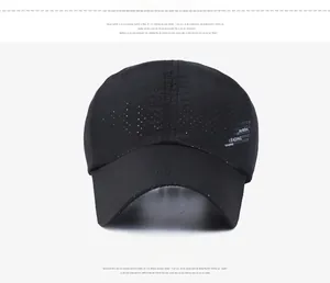 Detail of black breathable baseball cap featuring laser-cut ventilation holes and side print