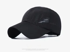 Detail view of black breathable laser-cut mesh baseball cap with side graphic printing