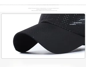 Detail of black sports baseball cap showing breathable laser-cut holes and side lettering