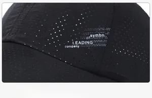 Close-up of breathable mesh fabric and printed logo detail on a black baseball cap