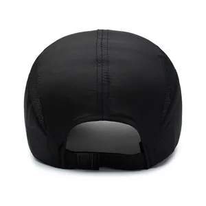Rear view of a black quick-dry baseball cap with breathable mesh and adjustable strap