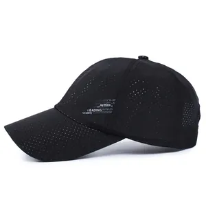 Black breathable mesh baseball cap with LEADING lettering and curved brim for men and women