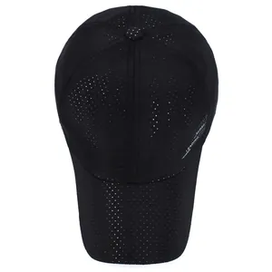 Black breathable sports baseball cap with laser-cut holes and white LEADING lettering