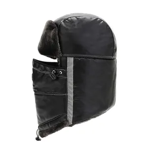 Winter thermal bomber hat in black waterproof leather with reflective stripes and plush lining