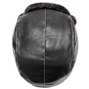 Winter black faux leather trapper hat with fur trim and contrast stitching for men and women