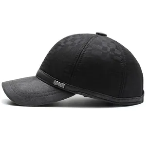 Winter men's baseball cap with ear flaps featuring gray plaid fabric and sport metal logo