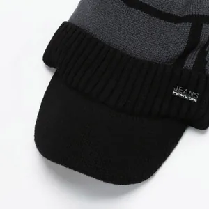 Winter knit beanie with brim for men featuring fleece lining and grey-black textures