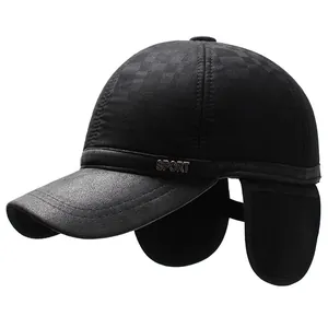 Winter men's thermal baseball cap with ear flaps and faux leather brim in black