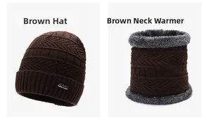 Gros plan sur l'ensemble bonnet en tricot marron et cache-col avec doublure polaire