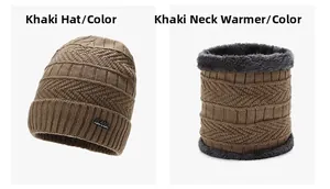 Détail du bonnet et du tour de cou en tricot kaki avec doublure en polaire grise