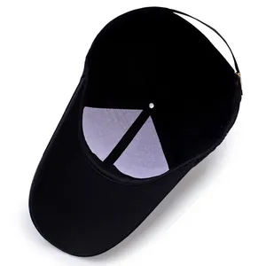 Black long brim baseball cap with adjustable metal buckle and interior structural lining