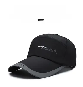 Detail of breathable black outdoor baseball cap with long brim and logo embroidery
