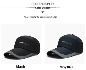 Detail view of sport baseball caps in black and navy with Modern British side logo