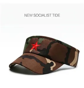 Close-up of camouflage visor cap for kids with red star embroidery detail