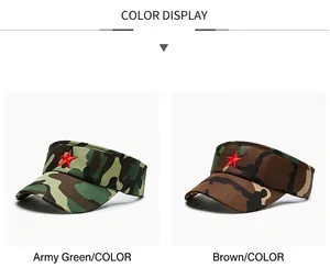 Detail view of camouflage sun visors with red star embroidery in army green and brown