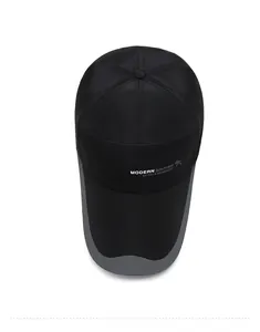 Top down view of black six-panel baseball cap showing lightweight quick-dry fabric texture