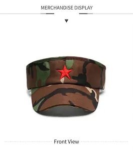 Detail view of camouflage sun visor hat featuring an embroidered red star on the front