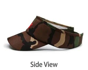 Side view of camouflage sun visor hat with red star embroidery and breathable mesh sweatband