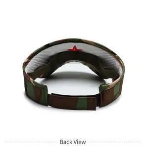 Detail of kids camo visor showing mesh lining, red star embroidery and velcro strap